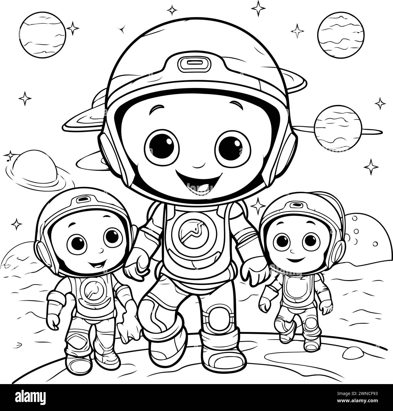 Cartoon astronaut and his children. Coloring book for kids. Stock Vector