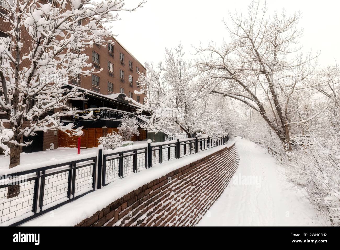 Clear Creek Trail and The Golden Hotel in winter - Golden, Colorado, USA Stock Photo
