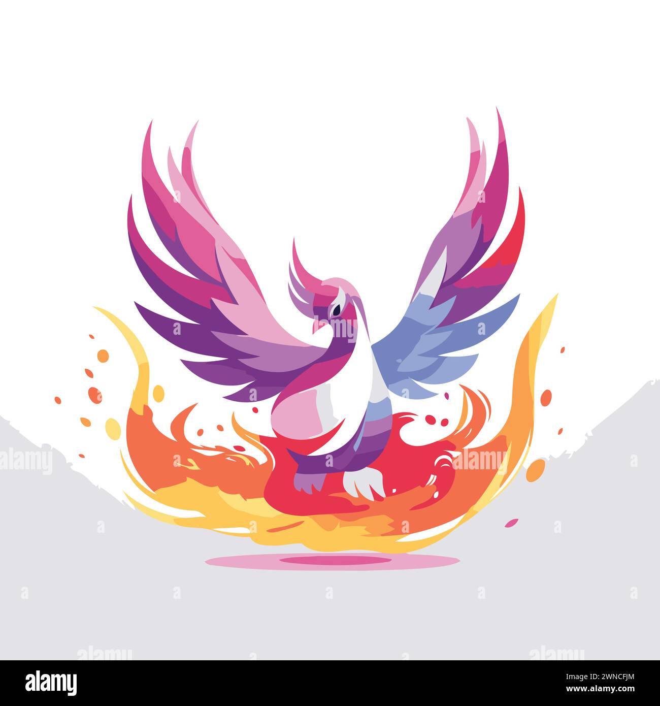 Vector illustration of a flying bird with wings on fire background ...