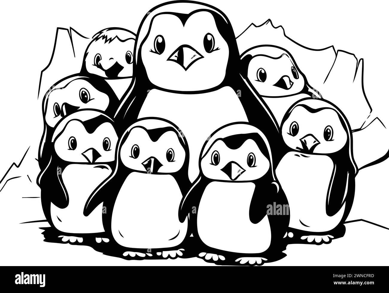 Penguin family. Black and white vector illustration of penguins Stock