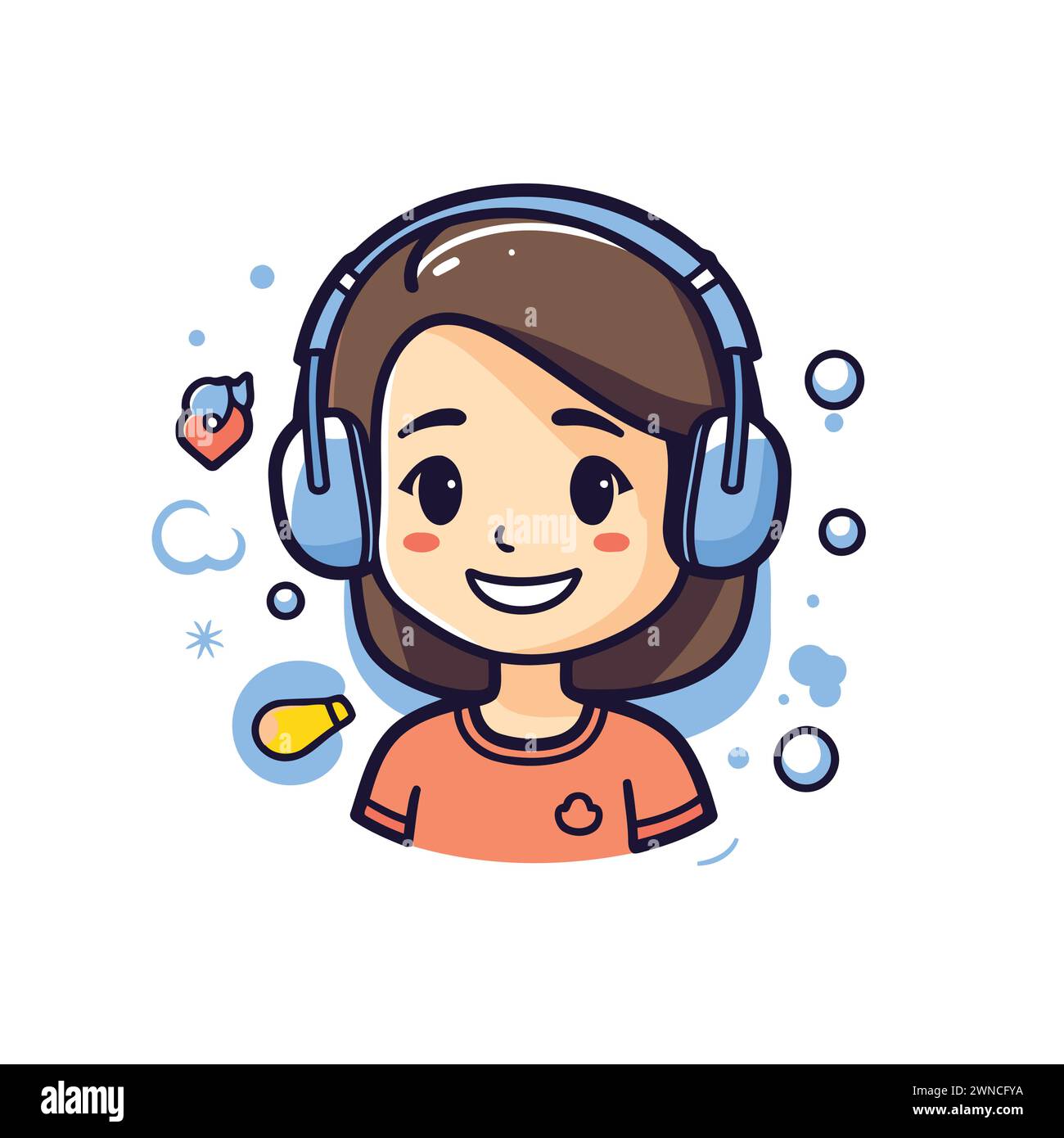 Vector illustration of cute girl with headphones. Cute girl in headphones. Stock Vector