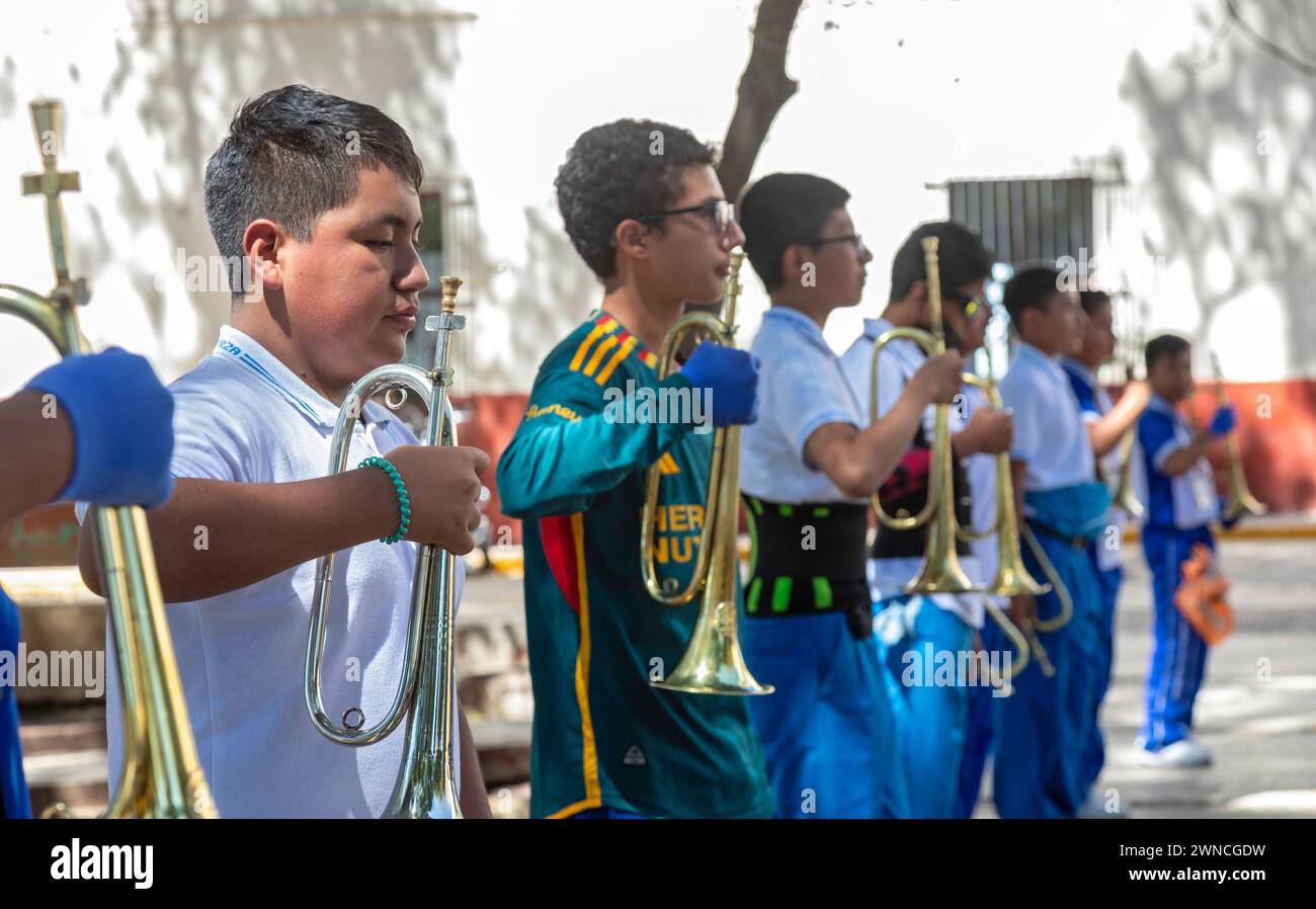 Oaxaca, Mexico Members of a drum and bugle corps practice in LLano