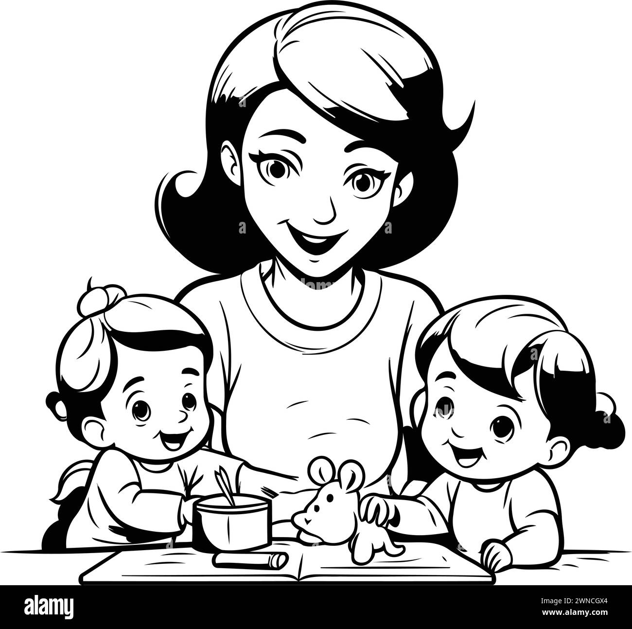 Mother and children playing with toys. Black and white vector ...