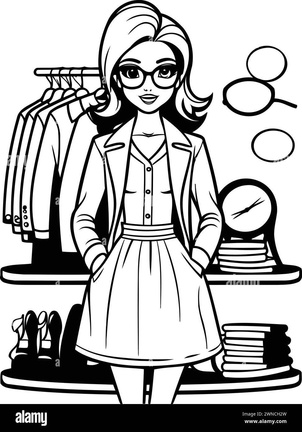 Fashionable girl with glasses. Black and white vector illustration