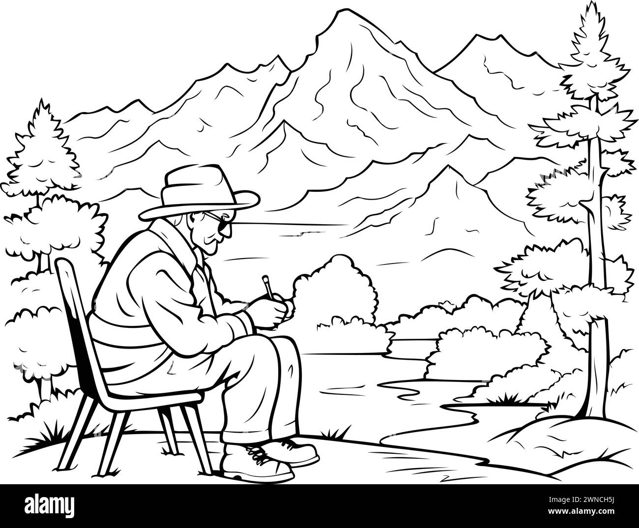 man sitting on a chair and smoking a cigarette in front of a mountain