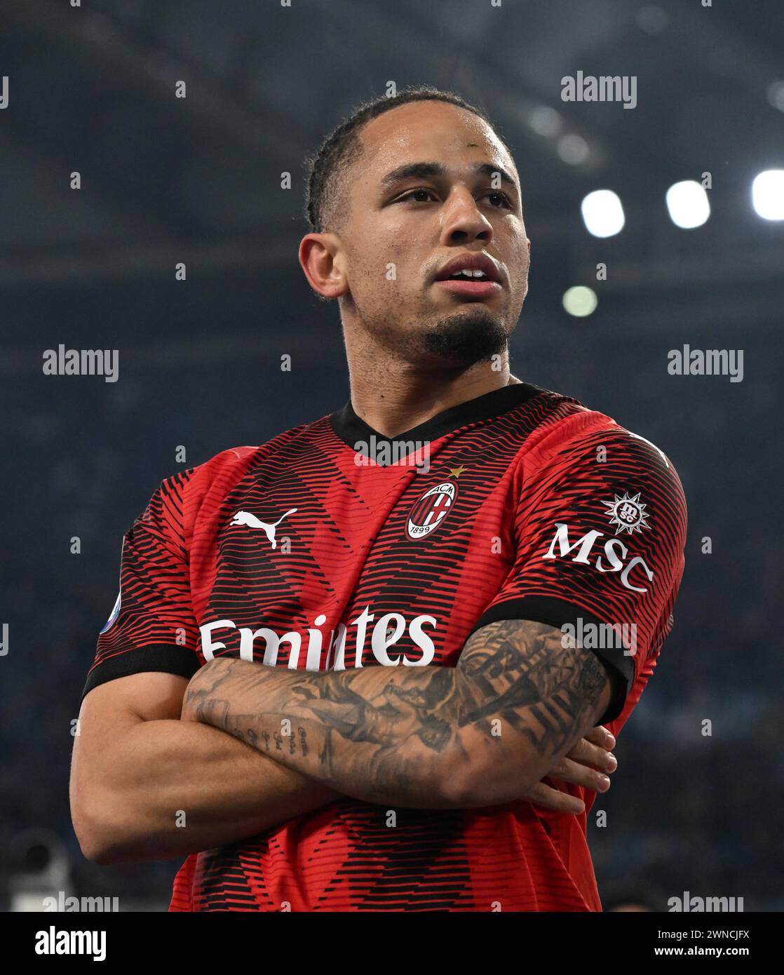 Rome, Italy. 1st Mar, 2024. AC Milan's Noah Okafor celebrates his goal during a Serie A football match between Lazio and AC Milan in Rome, Italy, March 1, 2024. Credit: Alberto Lingria/Xinhua/Alamy Live News Stock Photo