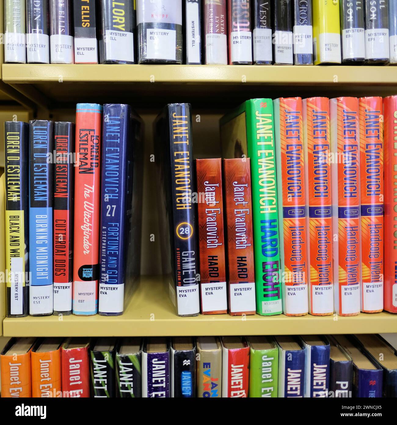 Library bookshelf with mystery novels by American writer Janet ...