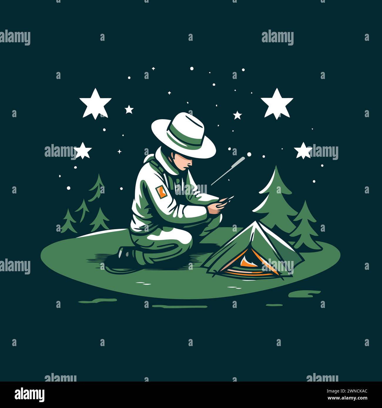 Illustration of a boy camping in the forest. Vector illustration Stock ...