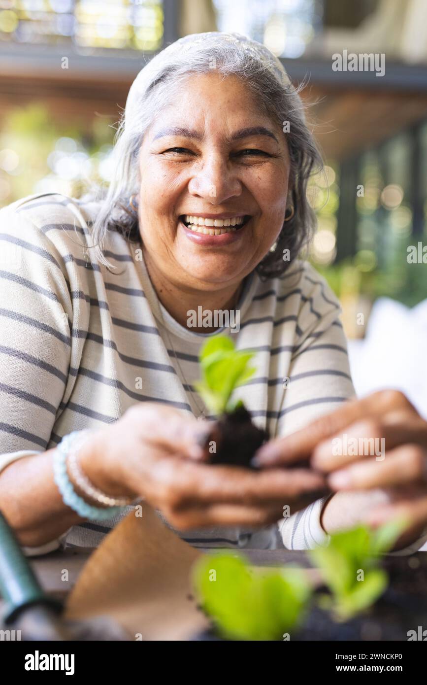 Senior biracial woman smiles while holding a small plant with soil ...