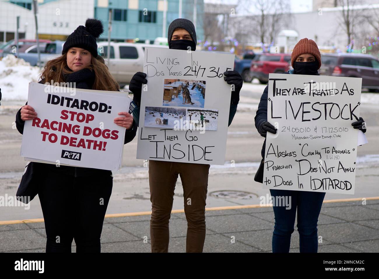 PETA members protest the Iditarod dog sled race, Thursday, Feb. 29
