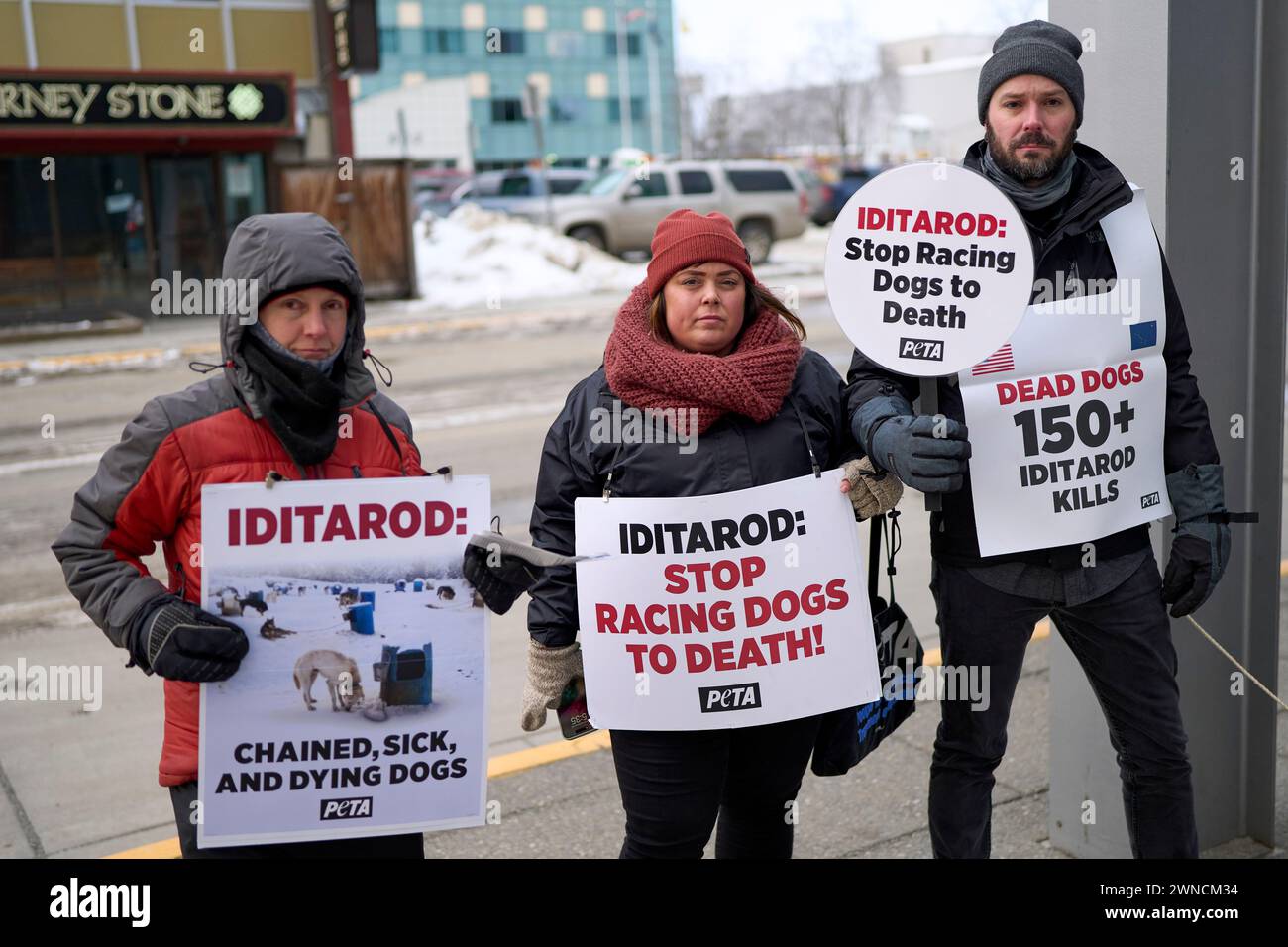 PETA members protest the Iditarod dog sled race, Thursday, Feb. 29