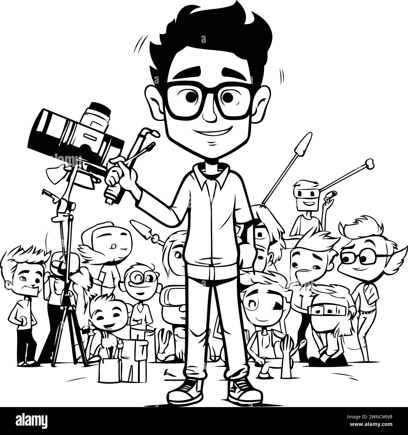 Cartoon Illustration of Movie Cameraman or Journalist Character for Coloring Book Stock Vector