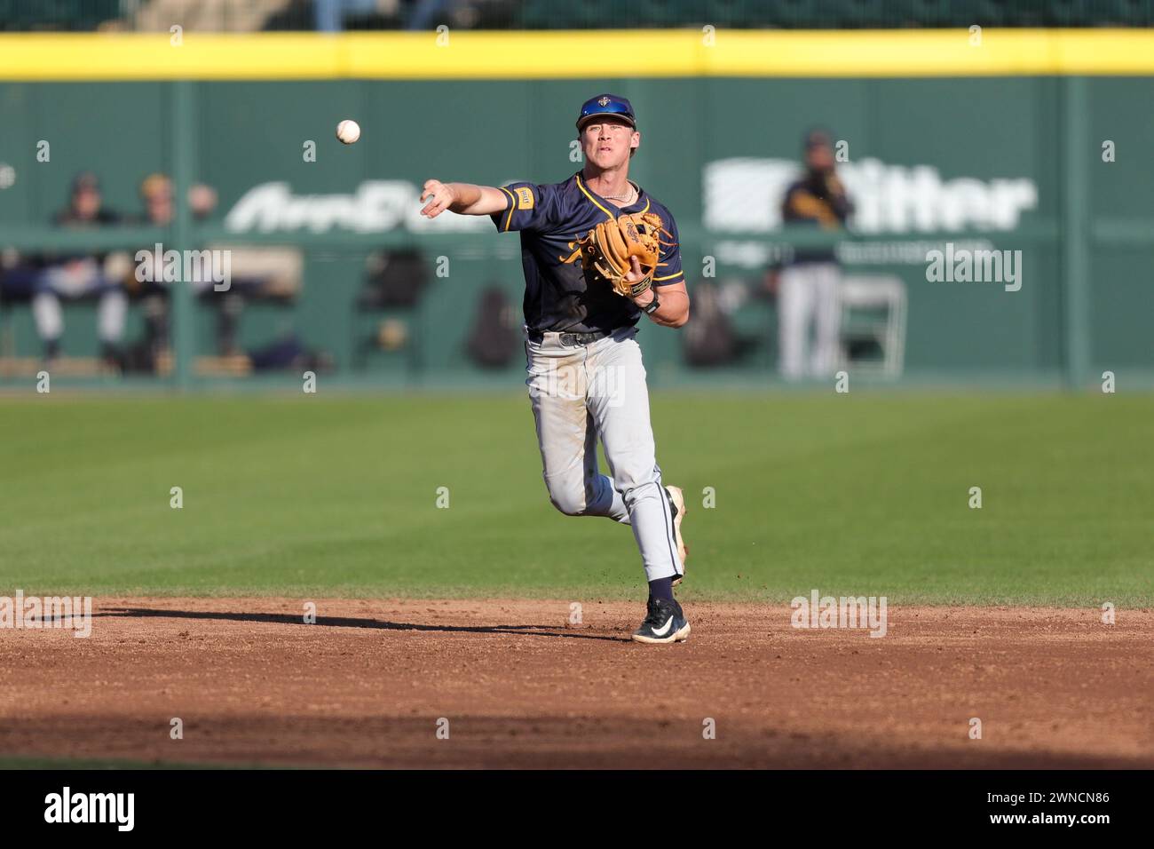 March 1, 2024: Murray State infielder Drew Vogel #3 makes a throw across the diamond to first. Arkansas defeated Murray State 5-1 in Fayetteville, AR. Richey Miller/CSM(Credit Image: © Richey Miller/Cal Sport Media) Stock Photo