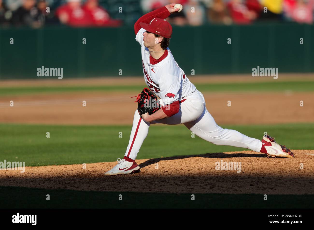 March 1, 2024: Razorback pitcher Gabe Gaeckle #20 works from the mound. Arkansas defeated Murray State 5-1 in Fayetteville, AR. Richey Miller/CSM Stock Photo