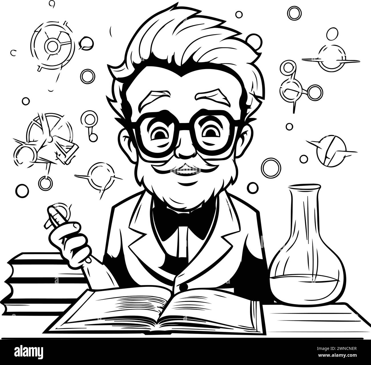 Vector illustration of a teacher in glasses reading a book on white ...