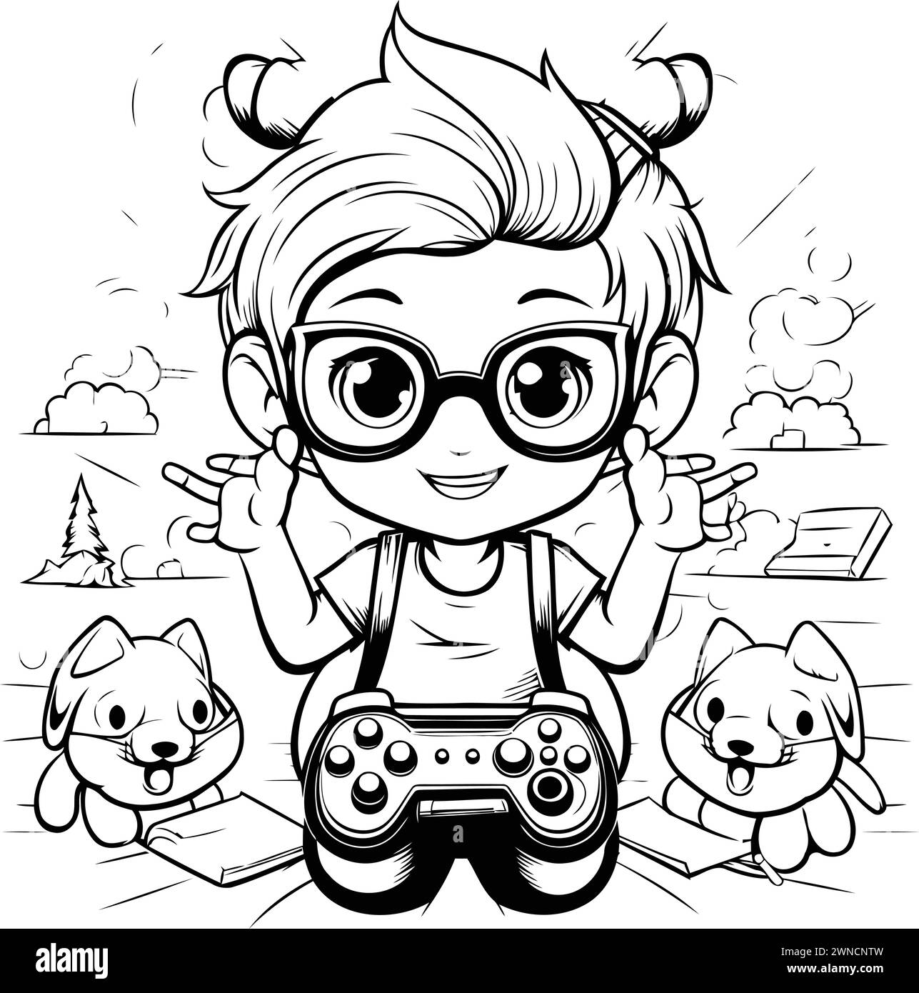 Girl playing video games with her pets - black and white vector illustration Stock Vector