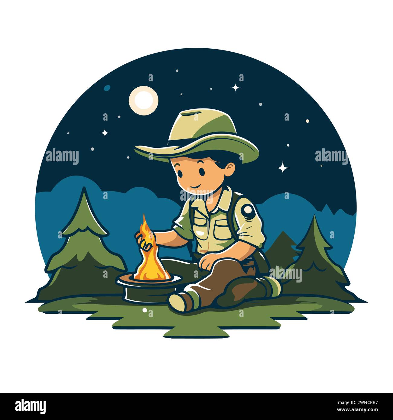 Illustration of a boy camping in the forest at night. Vector ...