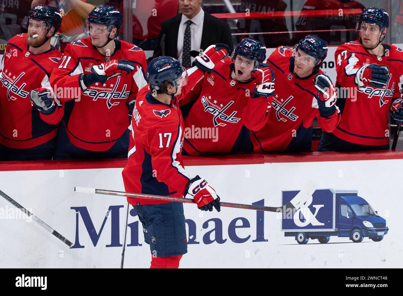 Washington Capitals center Dylan Strome (17) is congratulated for his ...