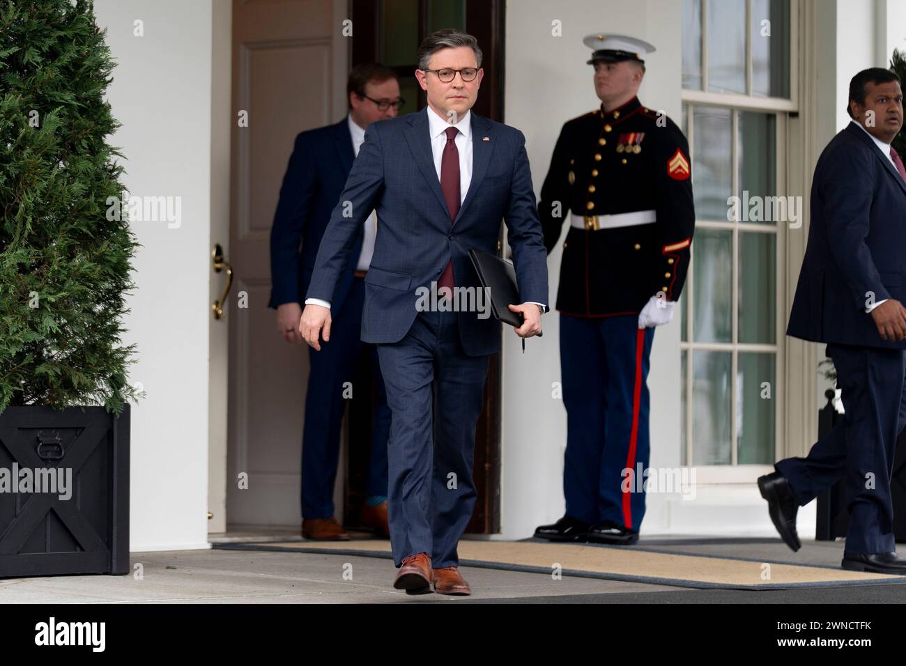 FILE - House Speaker Mike Johnson of La., arrives to speak to members ...