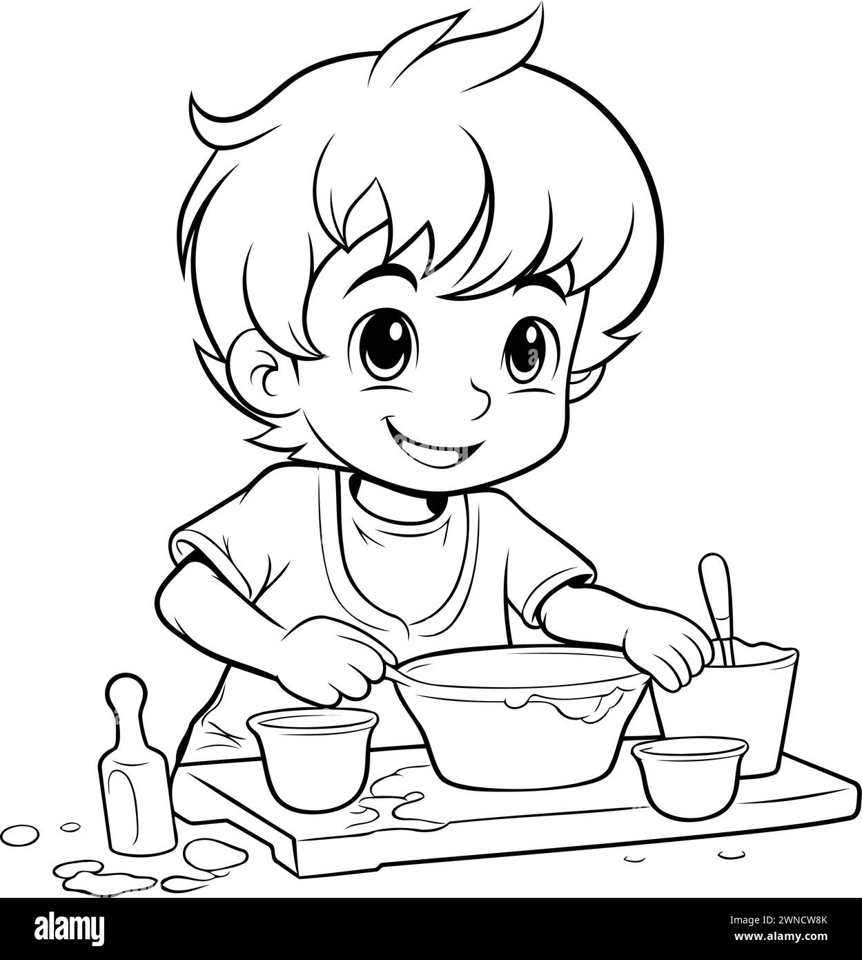 Illustration of a Cute Little Boy Mixing Food in a Bowl Stock Vector