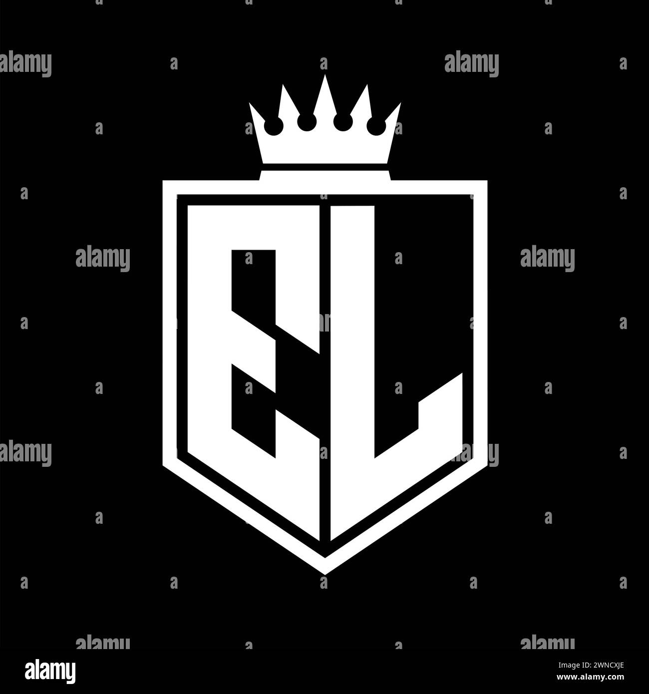 EL Letter Logo monogram bold shield geometric shape with crown outline ...