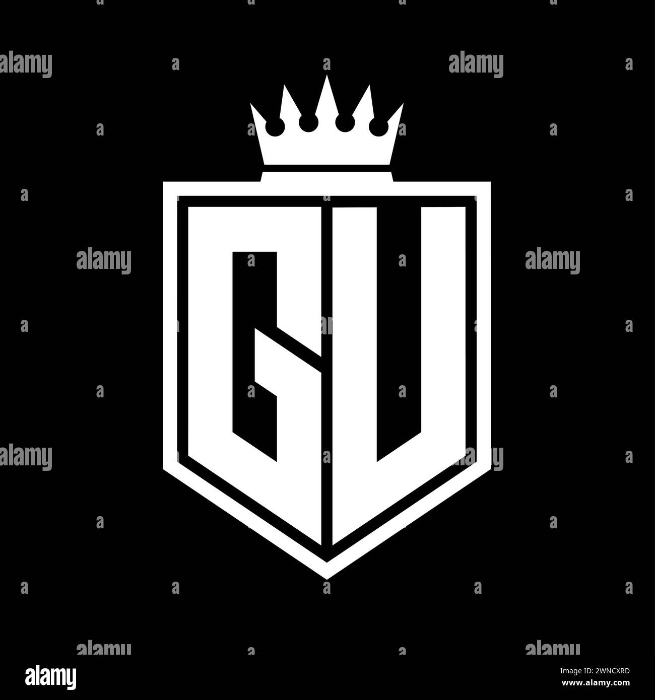 GU Letter Logo monogram bold shield geometric shape with crown outline ...