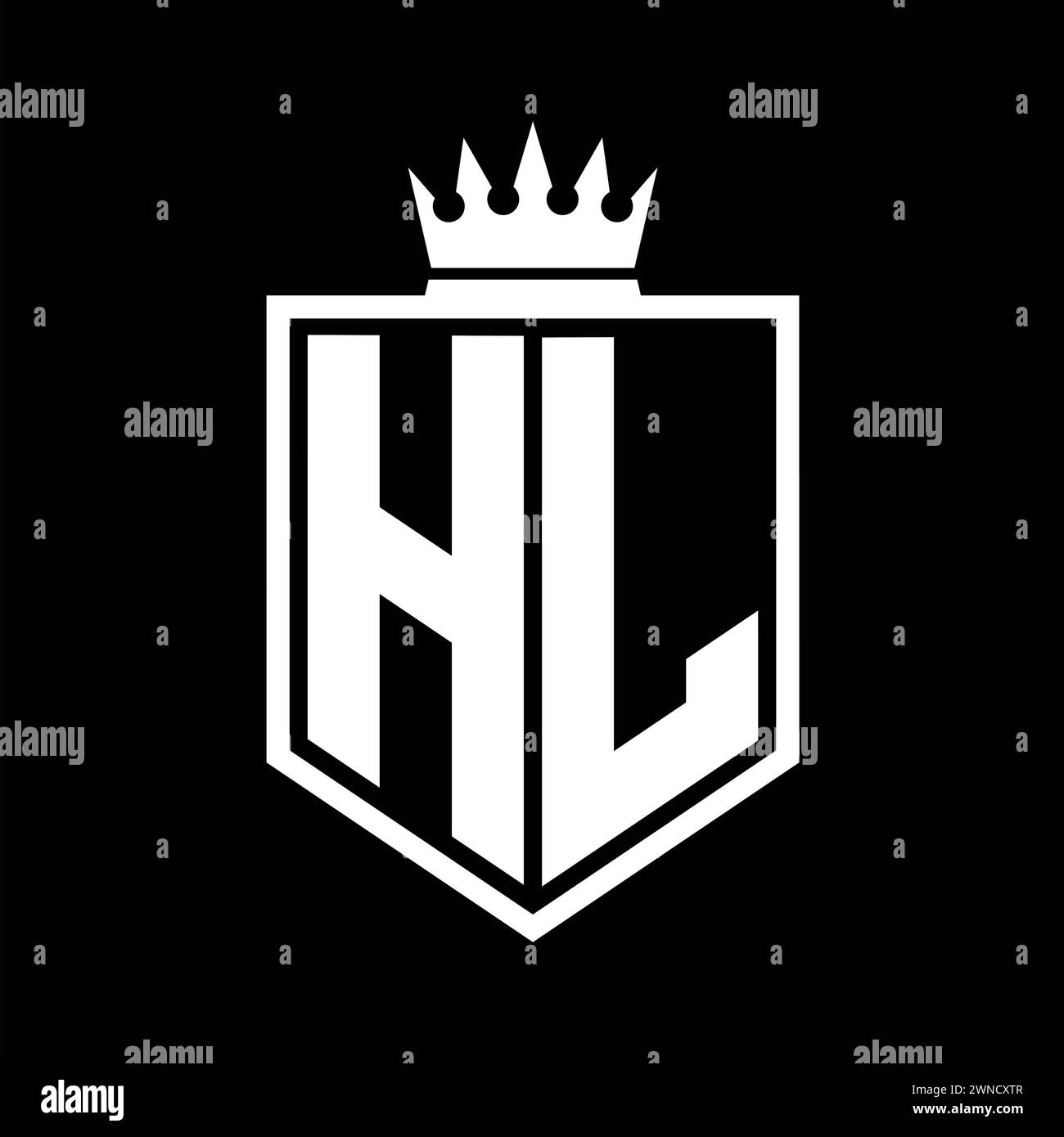 HL Letter Logo monogram bold shield geometric shape with crown outline black and white style design template Stock Photo