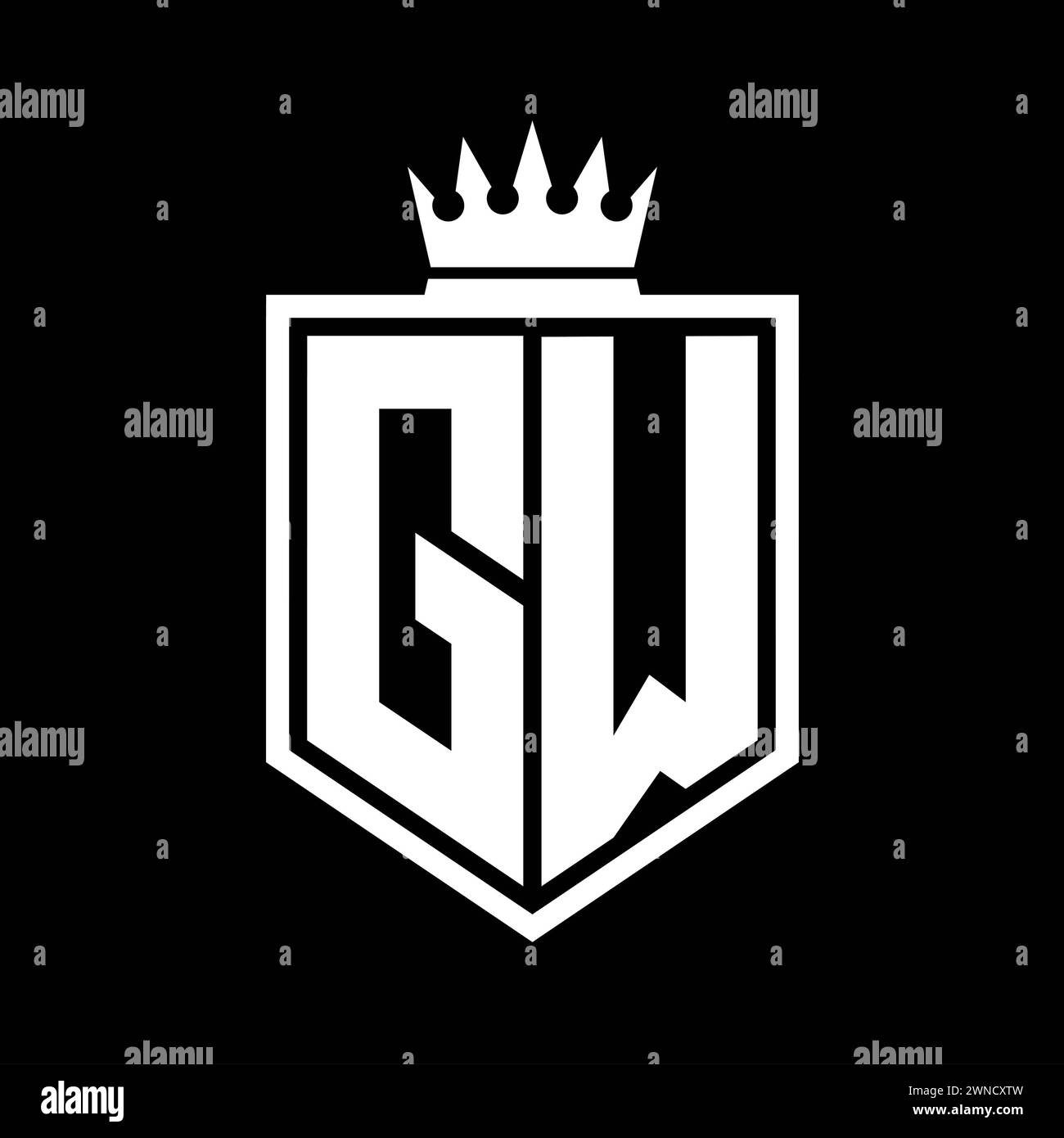 GW Letter Logo monogram bold shield geometric shape with crown outline ...