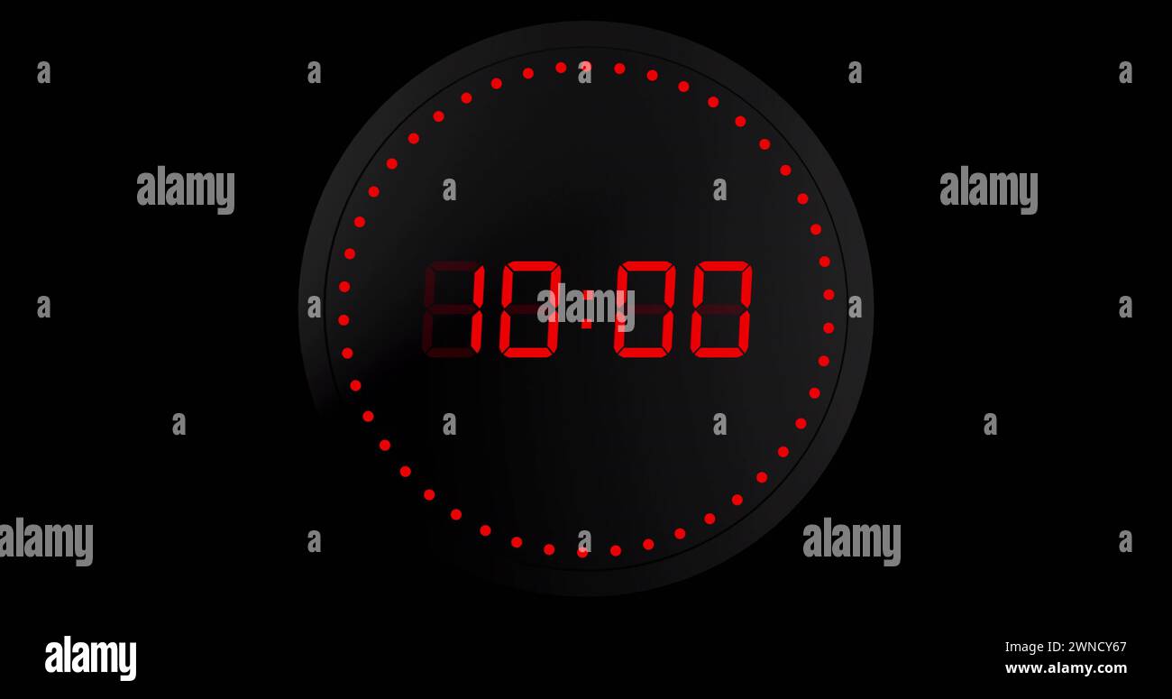Image of red digital timer changing with dots in circle on black background Stock Photo