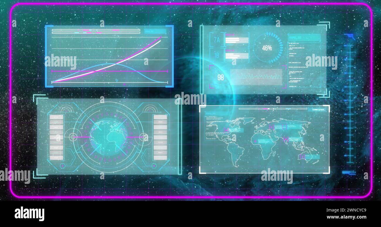 Image of screens with data processing over globe on dark background ...