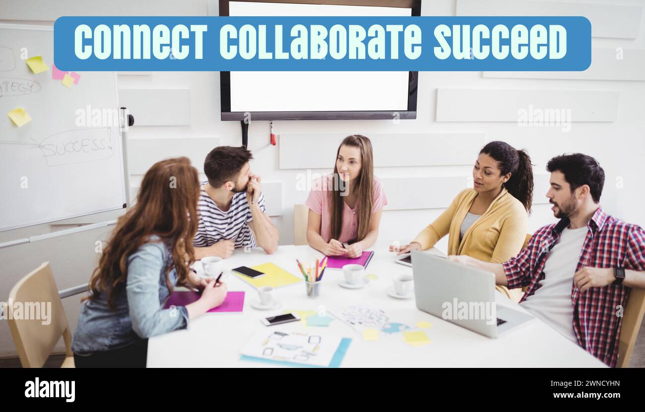 Composite of connect collaborate succeed text over diverse businesspeople in office Stock Photo