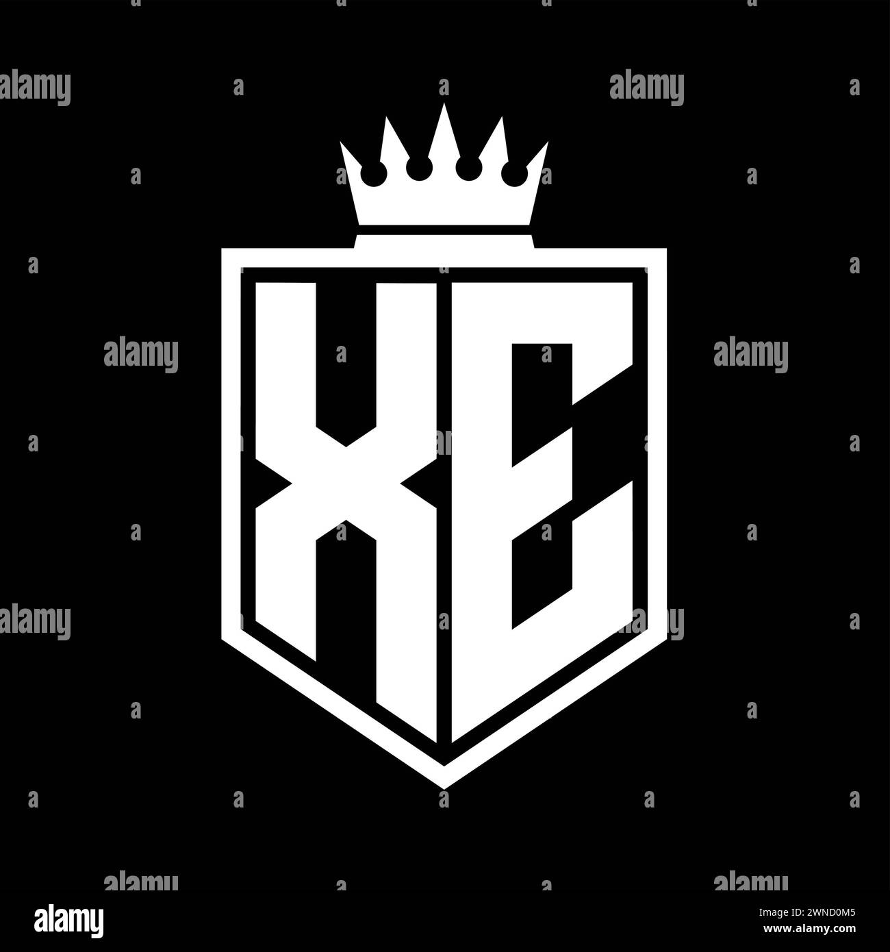 XE Letter Logo monogram bold shield geometric shape with crown outline ...