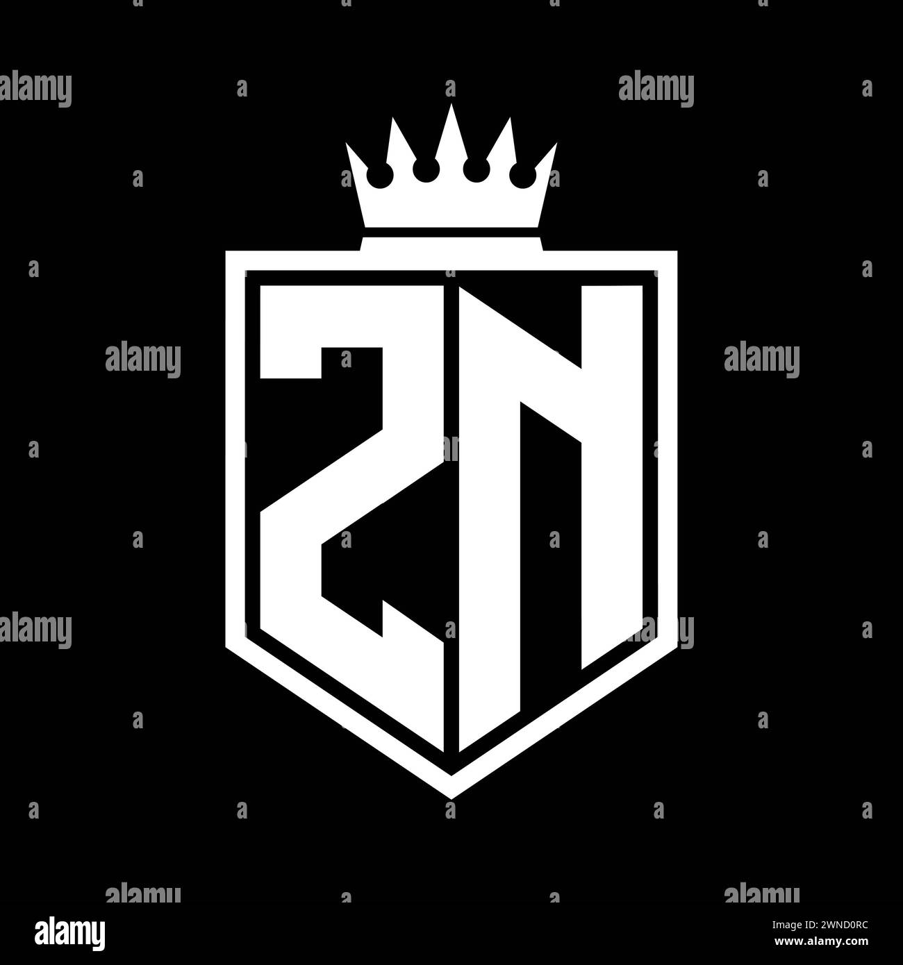 ZN Letter Logo monogram bold shield geometric shape with crown outline ...