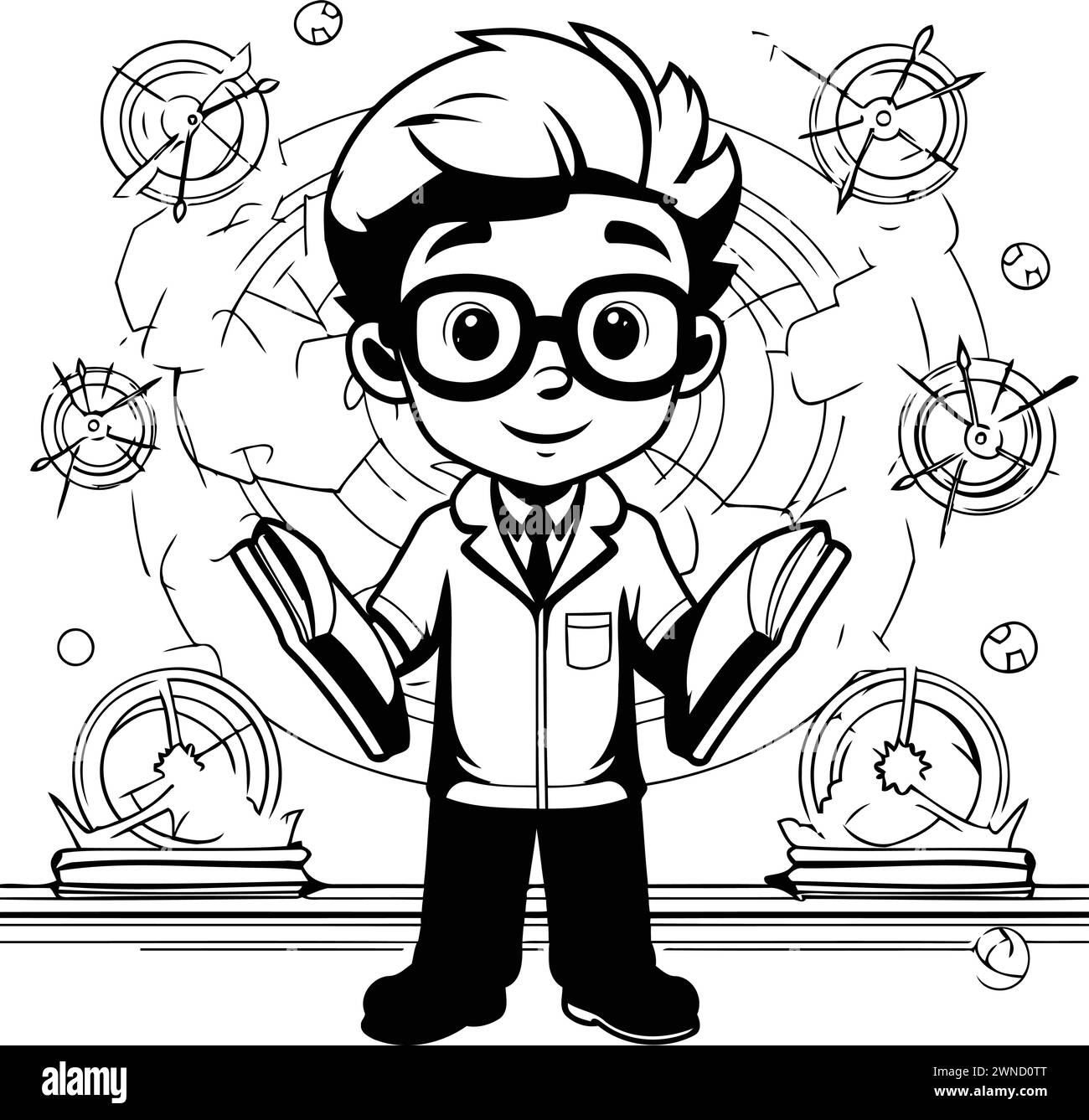Schoolboy holding a book. Black and white vector illustration for coloring book. Stock Vector