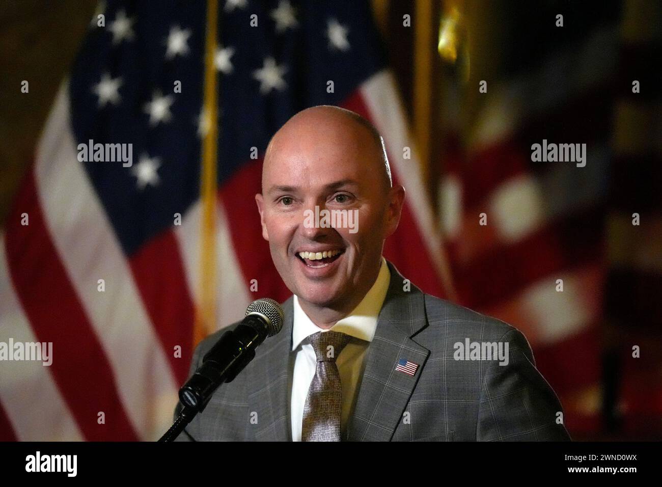 Utah Gov. Spencer Cox speaks during a news briefing during the final