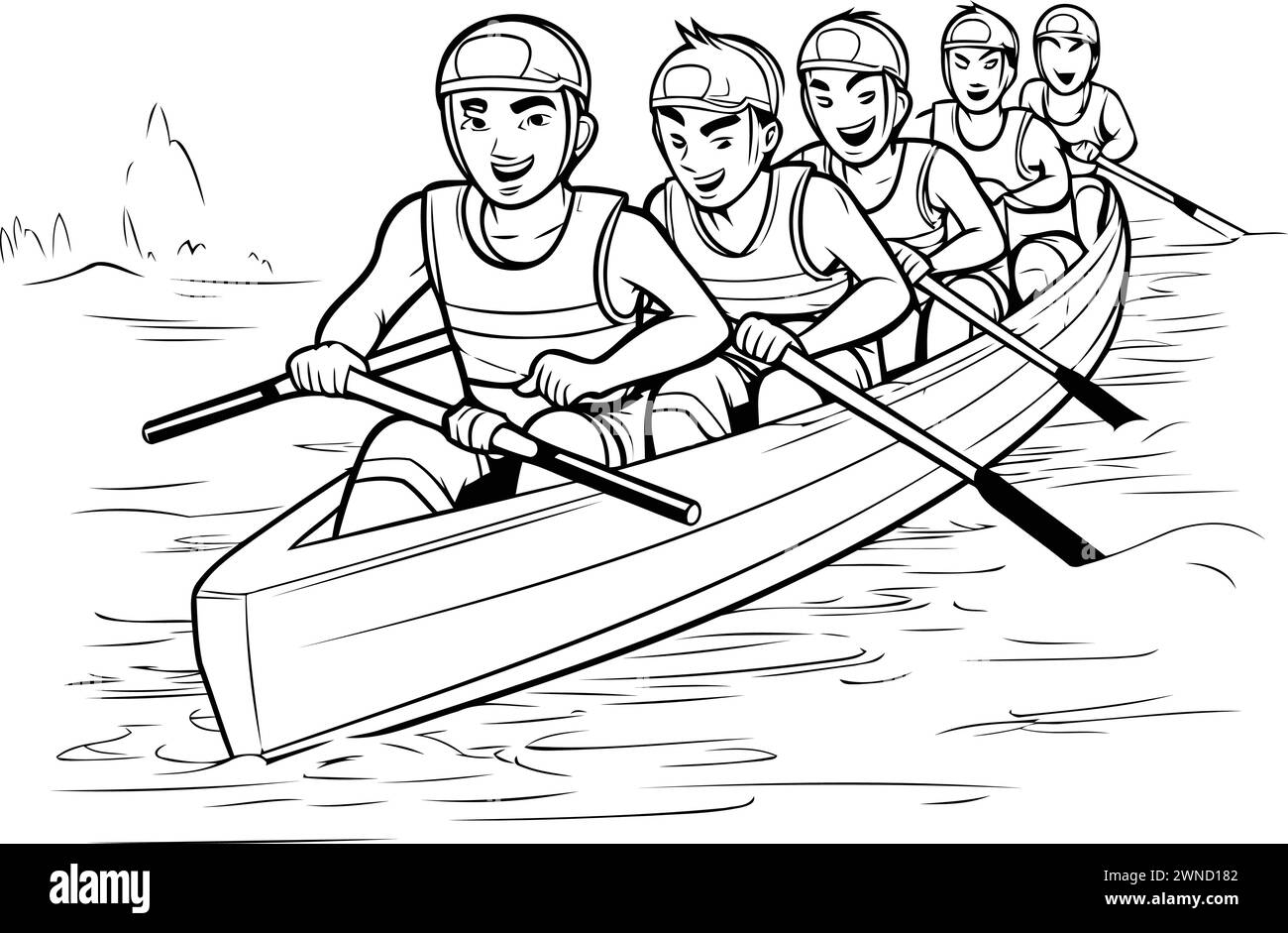 Group of people rowing on boat. Black and white vector illustration ...