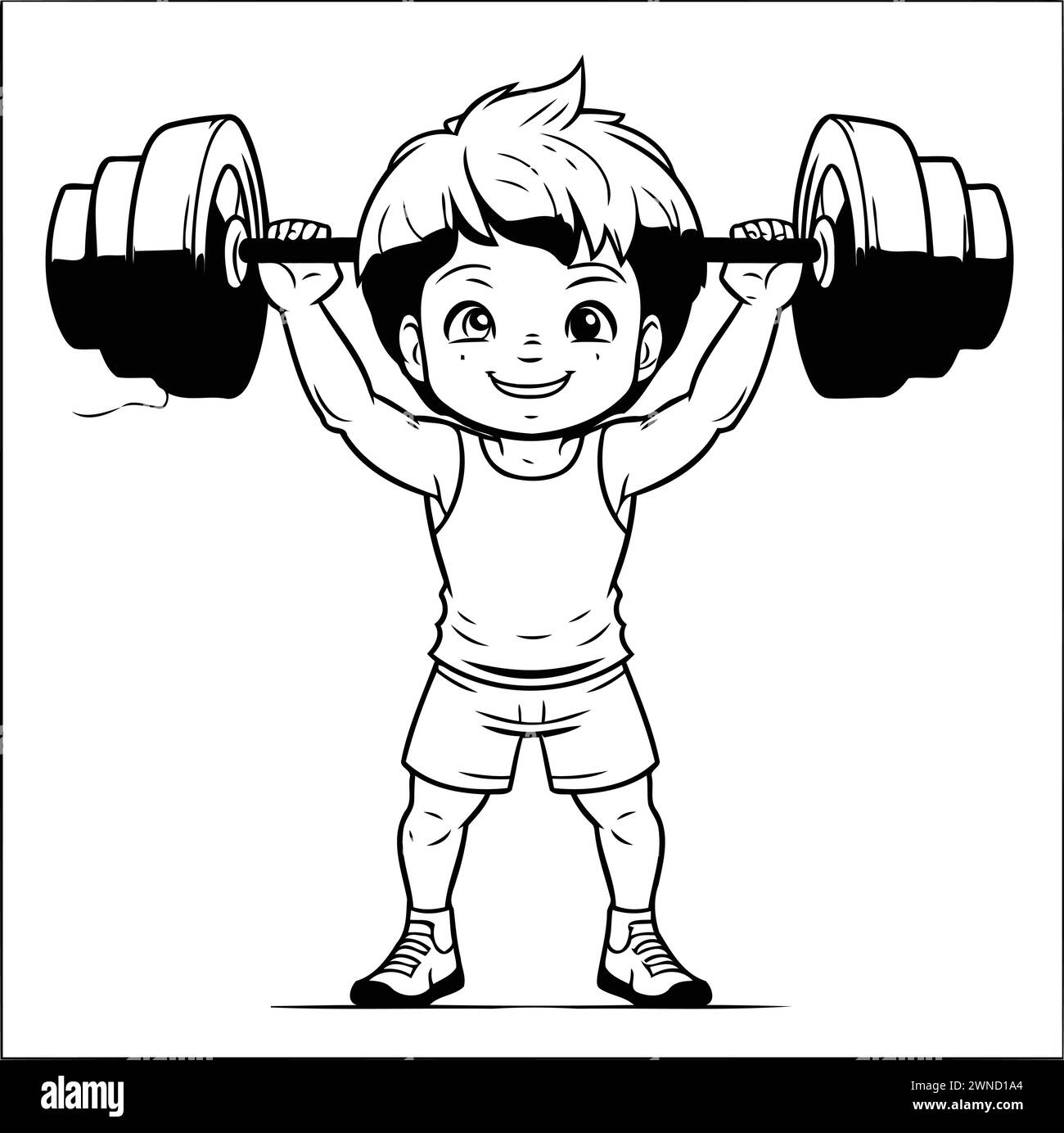 Fitness boy cartoon with dumbbells. Black and white vector illustration ...