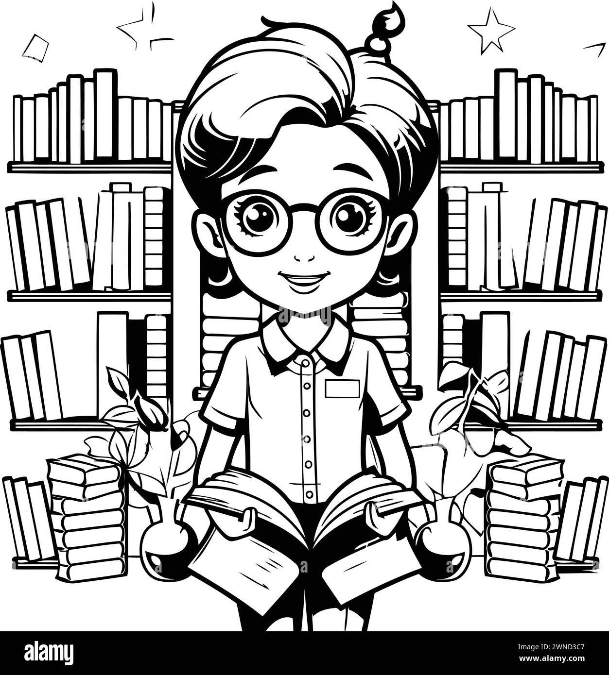 Girl reading a book in the library. Black and white vector illustration