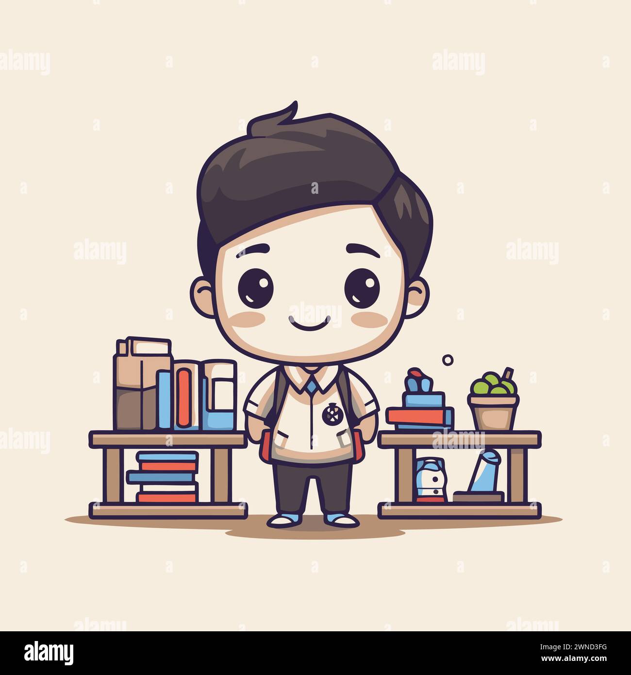 Cute schoolboy standing in front of bookshelf. vector illustration ...