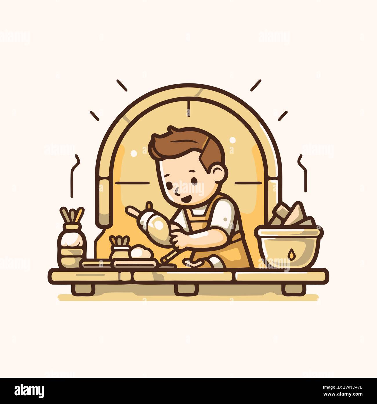 Cute little boy cooking in the kitchen. Vector illustration in cartoon style. Stock Vector