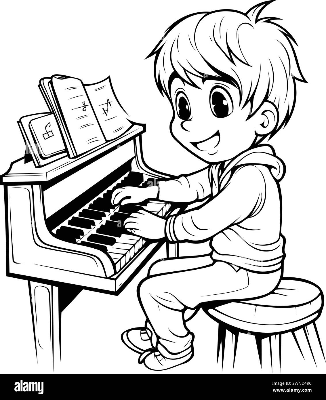 Boy playing the piano - Black and White Cartoon Illustration. Vector ...