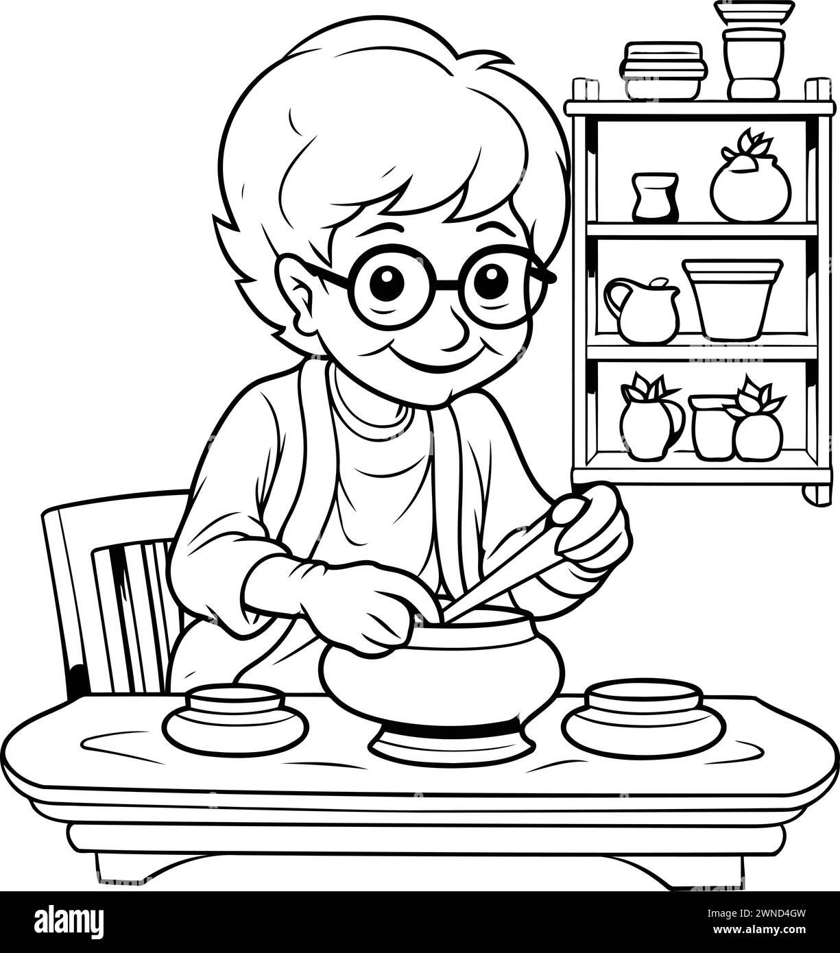 Boy playing pottery. Black and white vector illustration for coloring book. Stock Vector