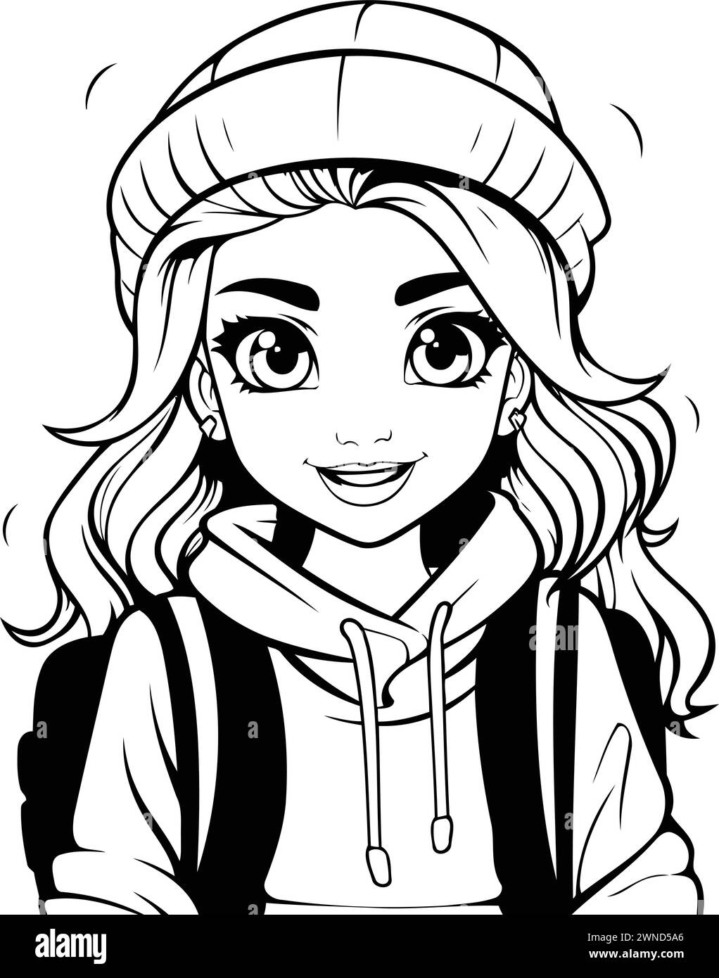 Black and White Cartoon Illustration of Teenage Girl Student Wearing Winter Cap for Coloring Book Stock Vector