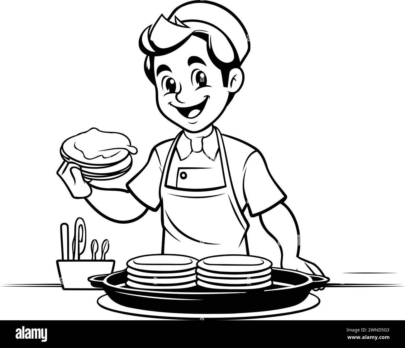 Cartoon chef with pancakes. Black and white vector illustration for coloring book. Stock Vector