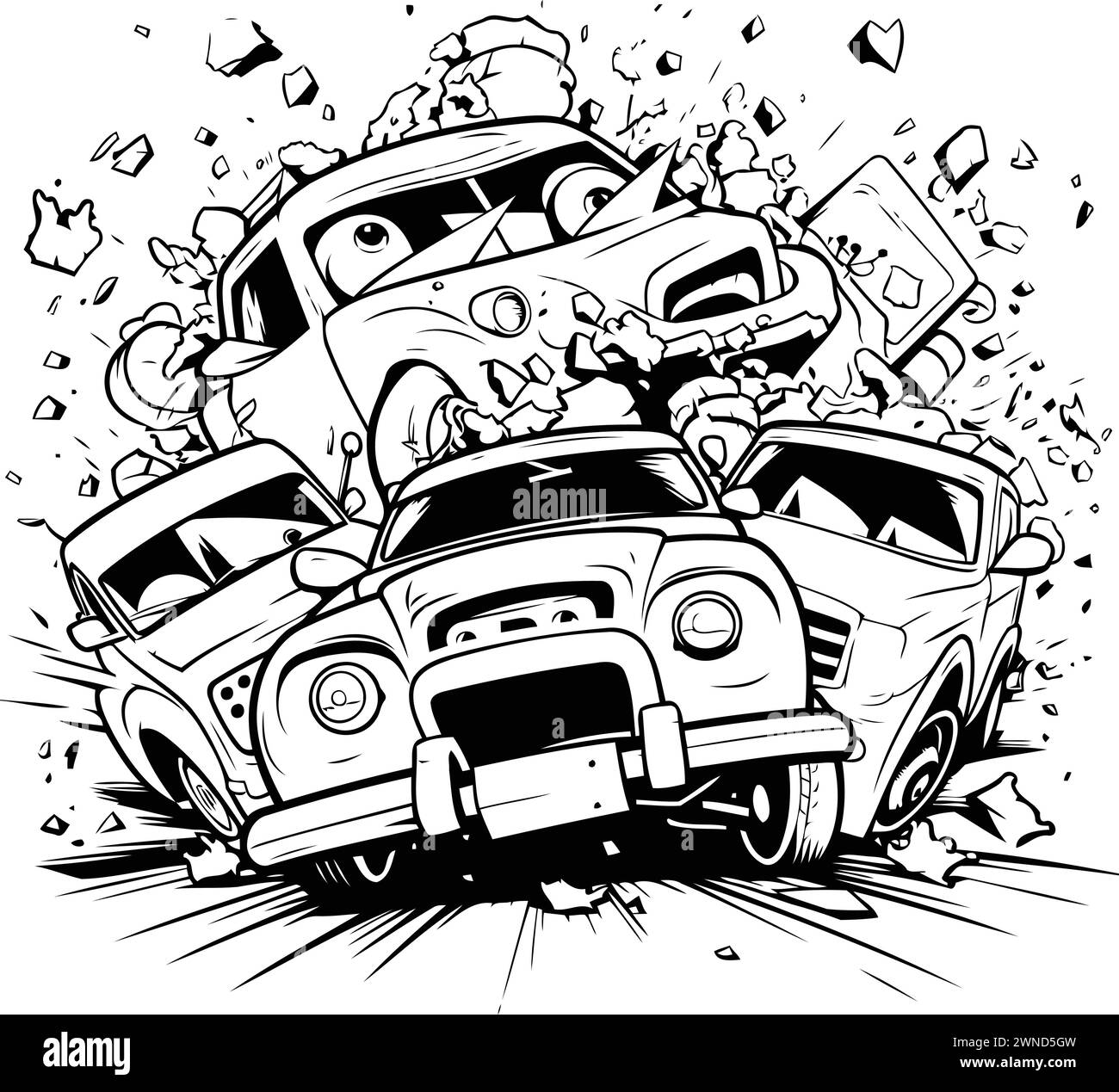 Car crash - vector illustration. Black and white illustration of car