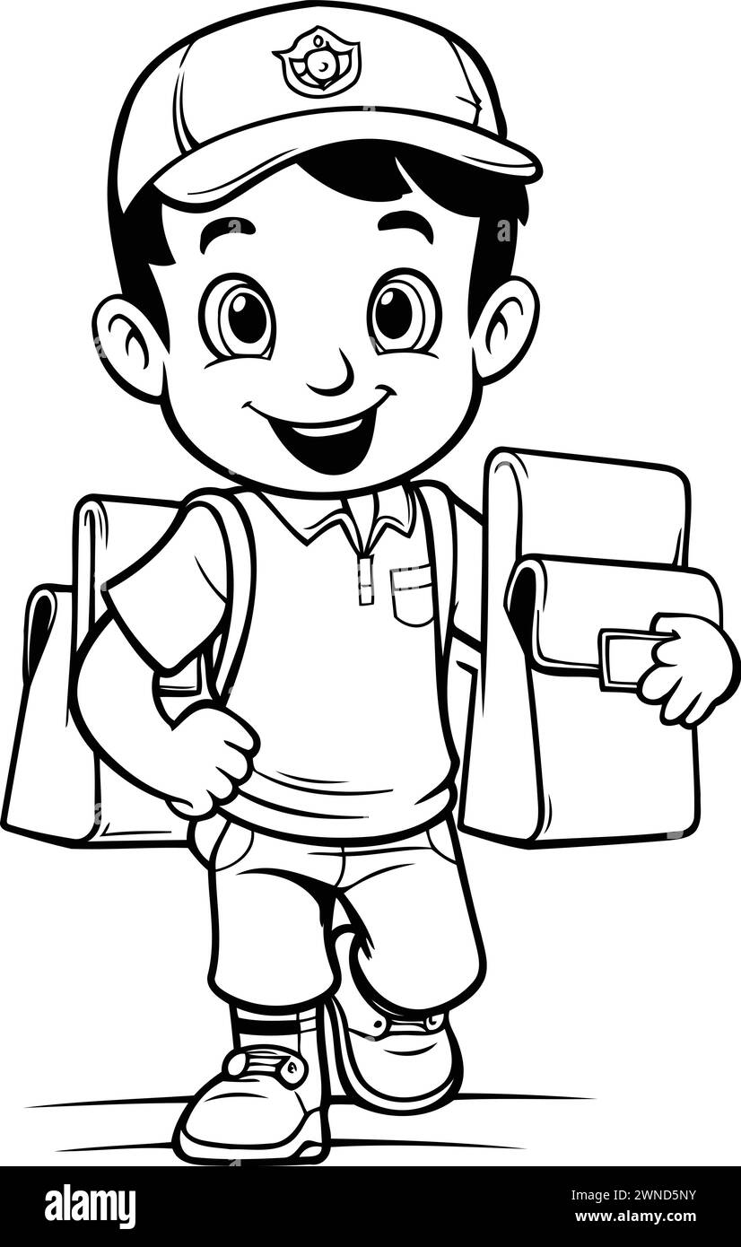 Cartoon school boy with backpack. Vector illustration. Black and white. Stock Vector