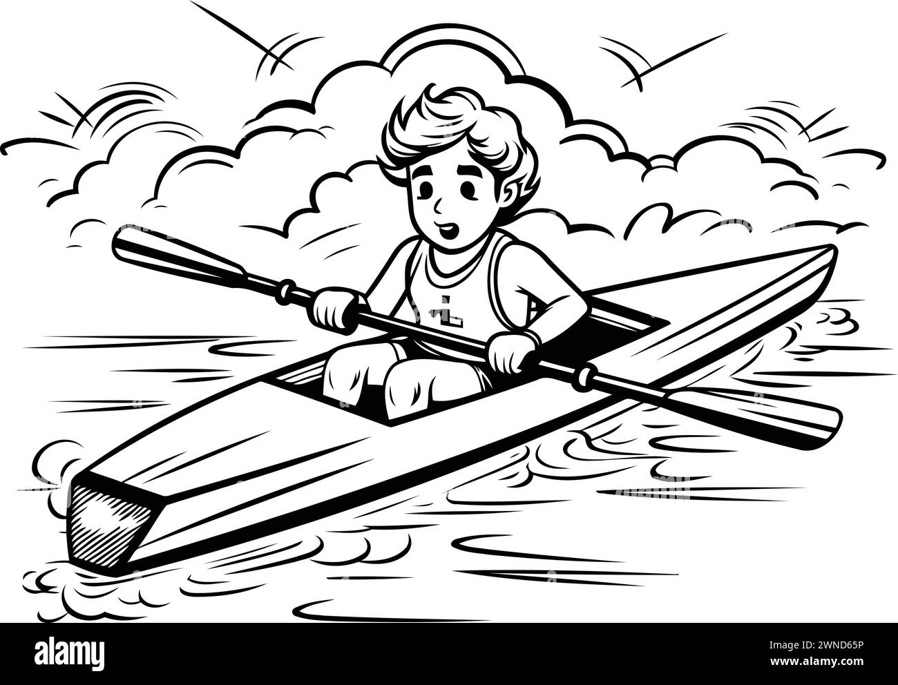 Boy rowing on a kayak. black and white vector illustration Stock Vector