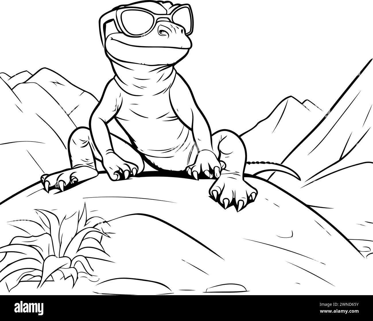 Cute cartoon frog sitting on a rock. Vector illustration for coloring book. Stock Vector