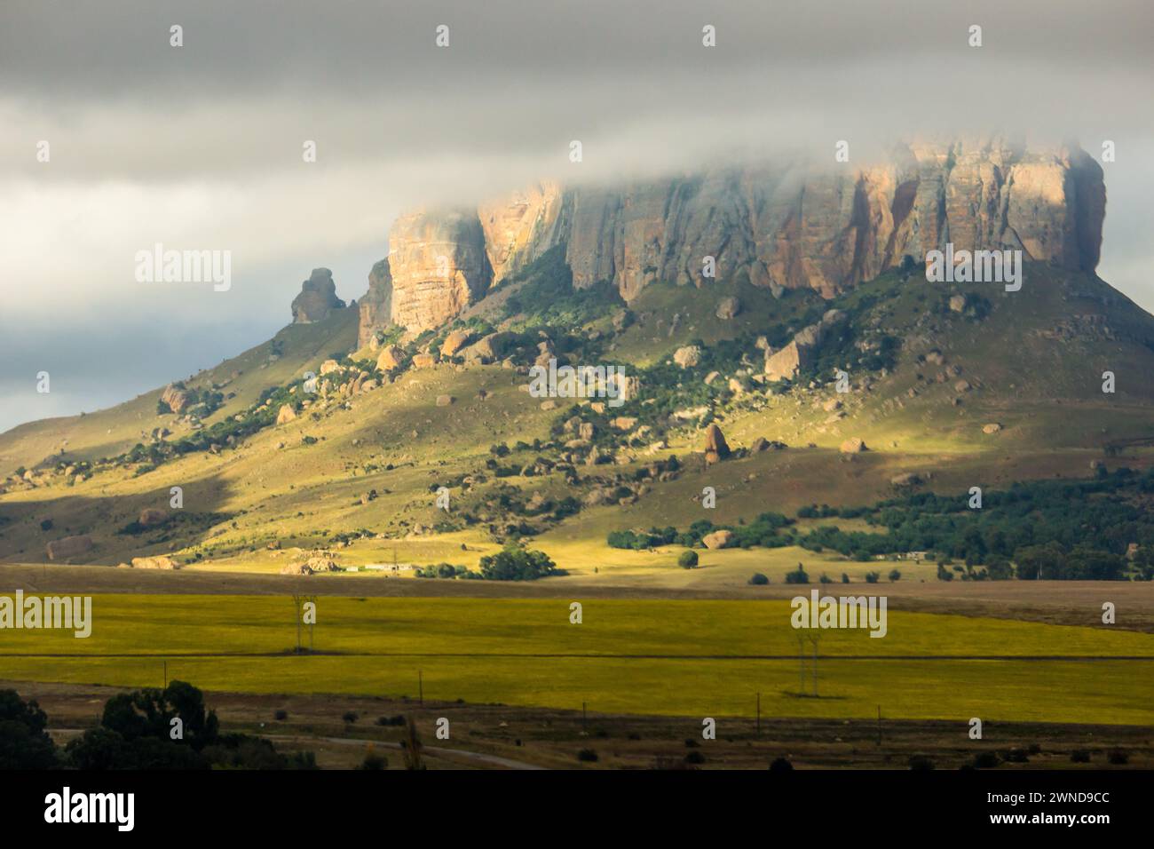 A solitude mountain outside Harrismith in South Africa, with its peak, hidden by low lying clouds and illuminated by the early morning light Stock Photo