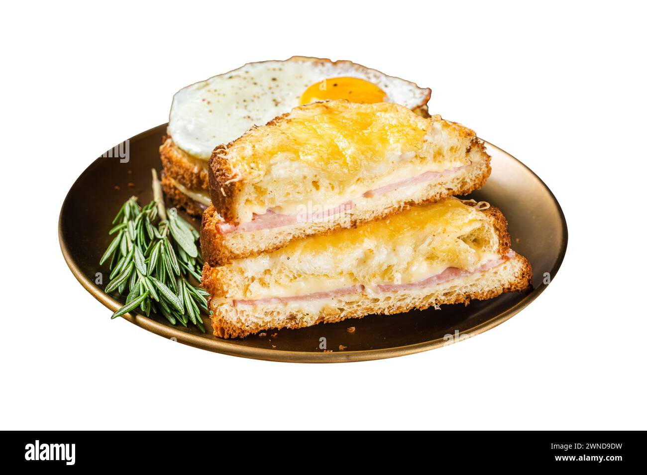 Croque monsieur and croque madame sandwiches with sliced ham, melted emmental cheese and egg, French toasts. Isolated on white background. Top view Stock Photo